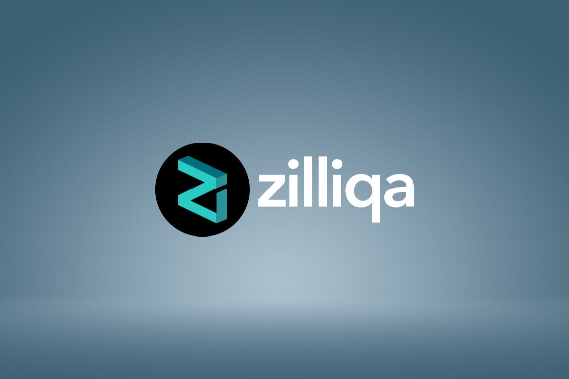 Zilliqa logo on a smooth blue and gray gradient backgroun. 