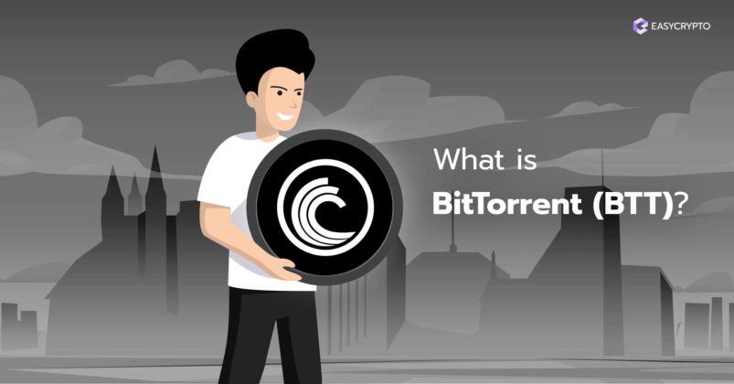 A guy holding the BitTorrent BTT token logo on a grey background with cityscape silhouette.