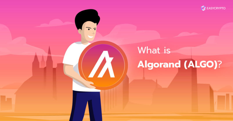 A guy holding the Algorand ALGO logo on a pink and orange background.