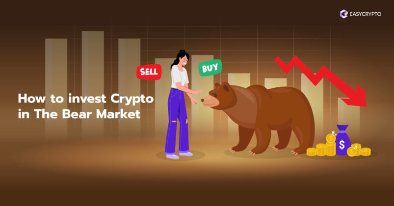Illustration of a guy and a bear with downward graph in the back to illustrate the idea of investing crypto in the bear market.