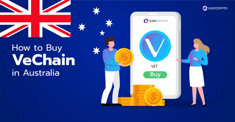 Illustration of a phone screen with the VeChain (VET) logo on it backdropped by the Australian flag.
