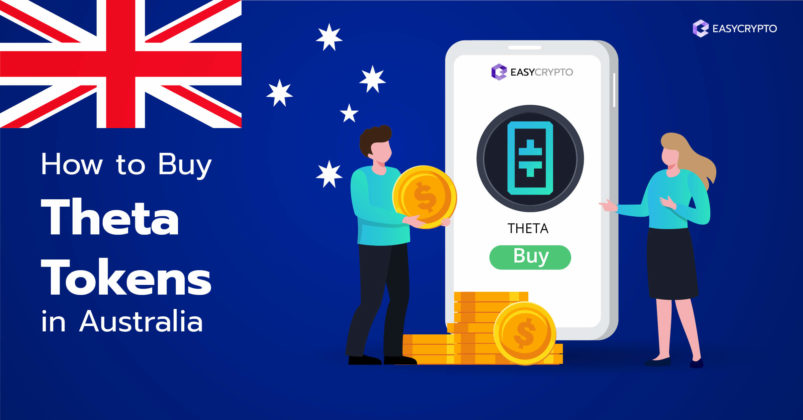 Illustration of a phone screen with the Theta Token (THETA) logo on it backdropped by the Australian flag.