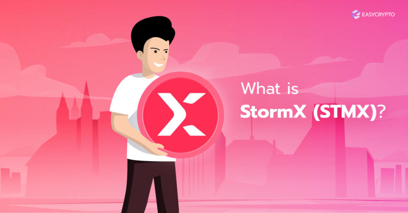 Man holding StormX (STMX) on a pink background.