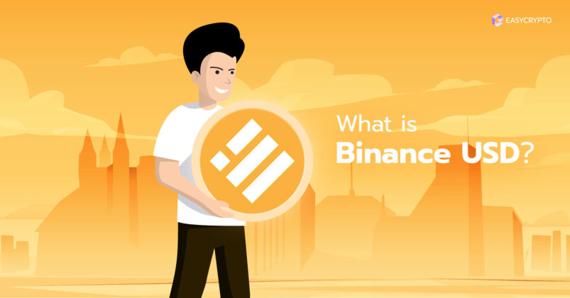 Guy holding the Binance USD (BUSD) logo on a yellow background.