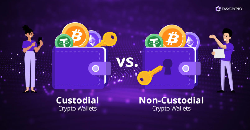 Illustration of two wallets side by side to illustrate the topic of custodial vs. non-custodial crypto wallets.