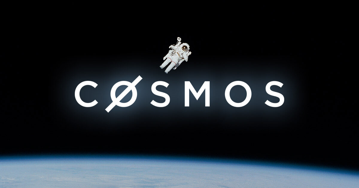 Photo of an astronaut floating above the Cosmos logo in space. 