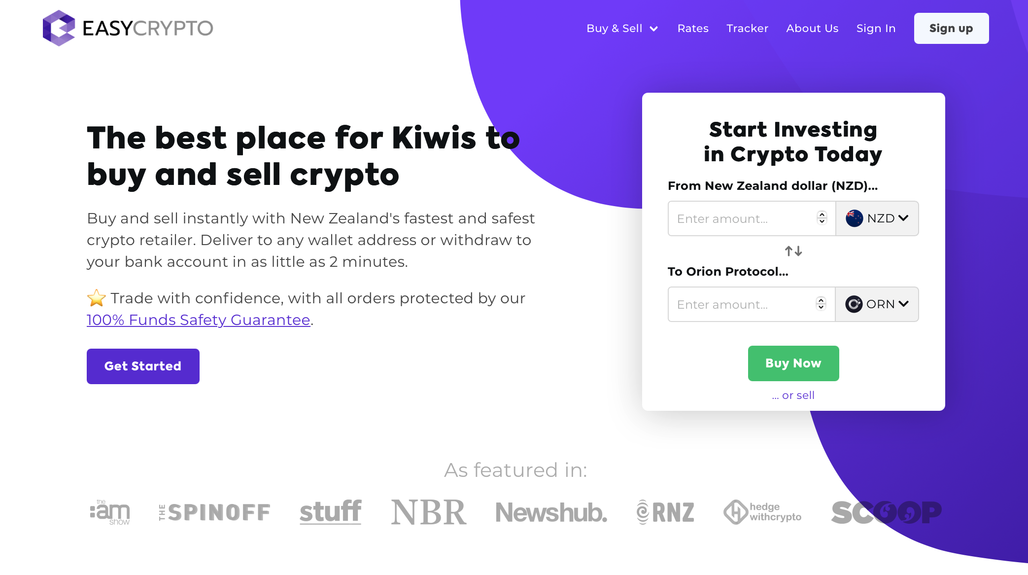Screenshot of Easy Crypto NZ homepage showcasing the ORN and NZD pairing. 