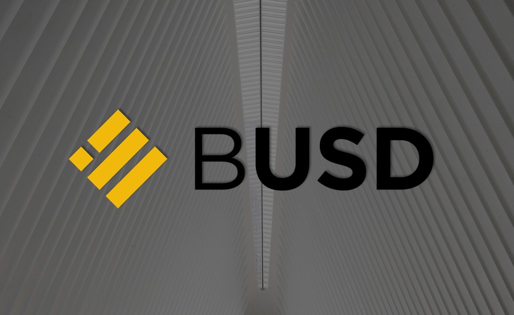 Binance USD (BUSD) logo on a gray background.
