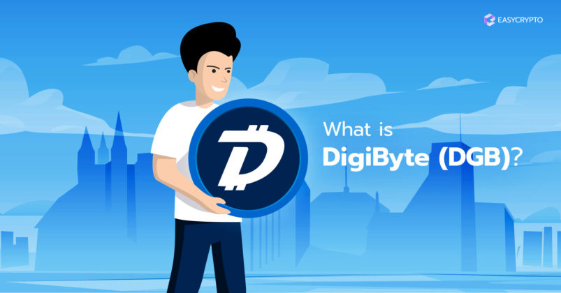 Guy holding DigiByte (DGB) on a blue background.