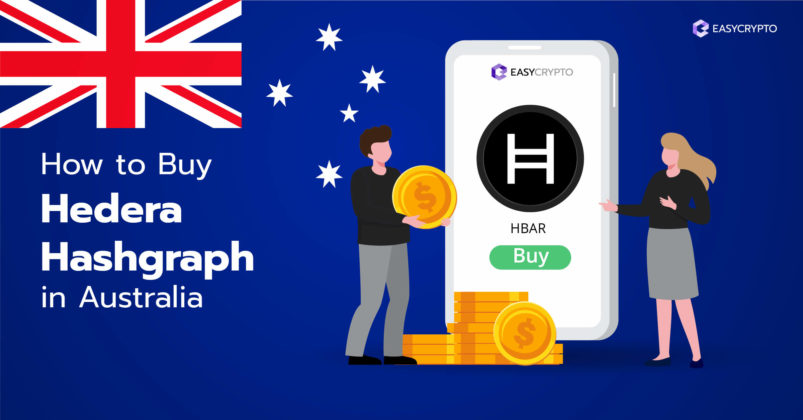 Illustration of a phone screen showcasing the Hedera Hashgraph (HBAR) logo with the Australian flag in the background.