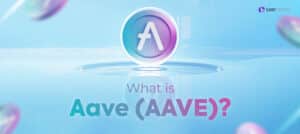 Image showing the Aave crypto token with light blue background.