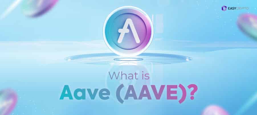 Image showing the Aave crypto token with light blue background.