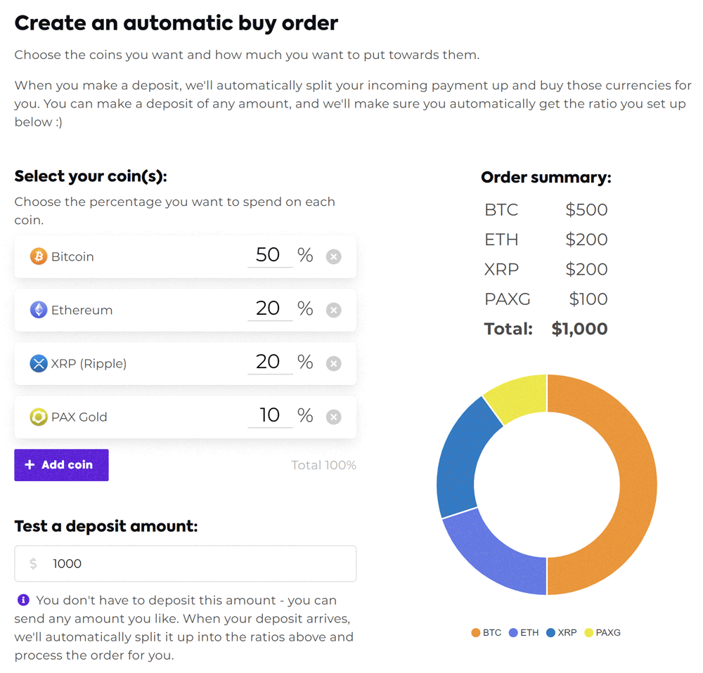 The Easy Crypto auto buy feature interface