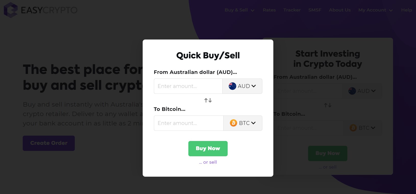 BTC/AUD trading page on Easy Crypto 