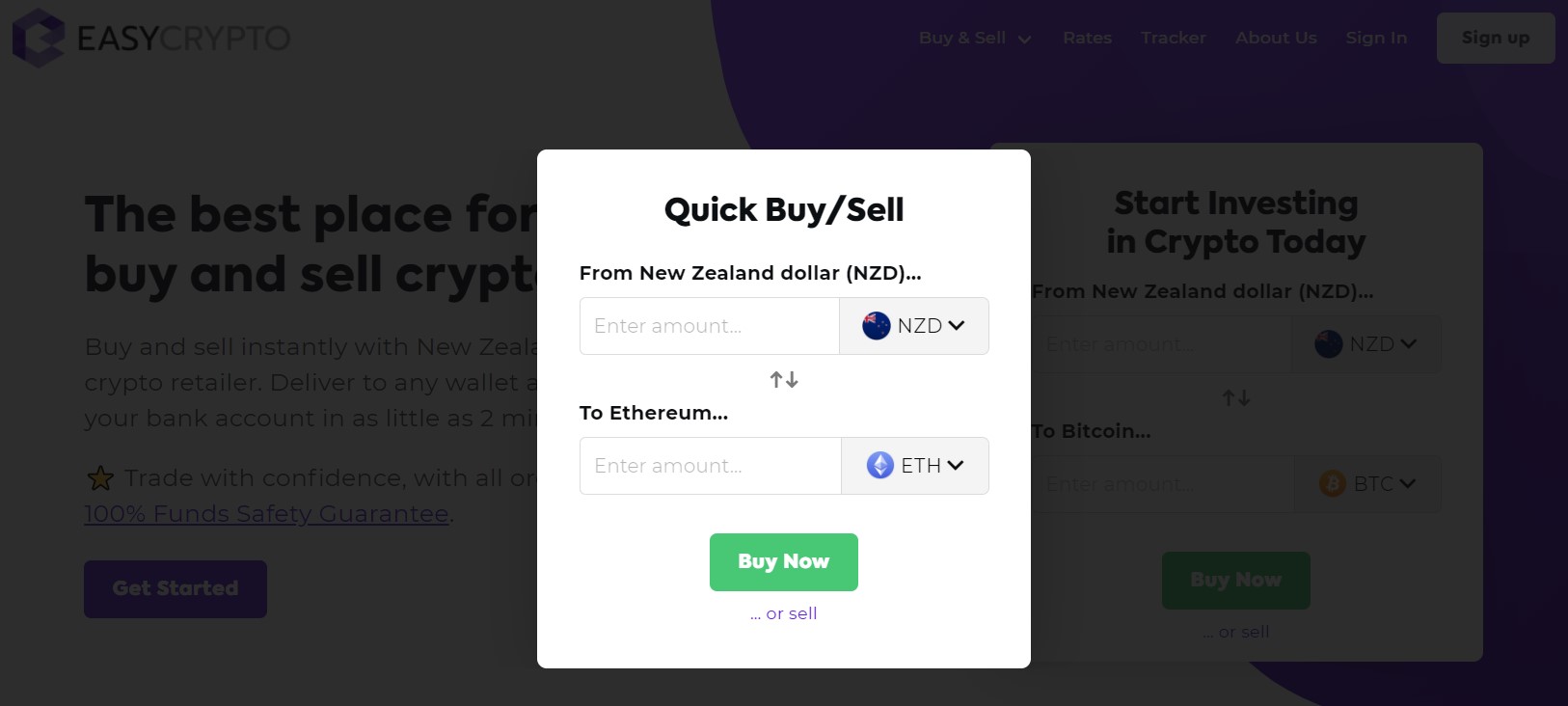 The screenshot of Easy Crypto quick buy and sell features