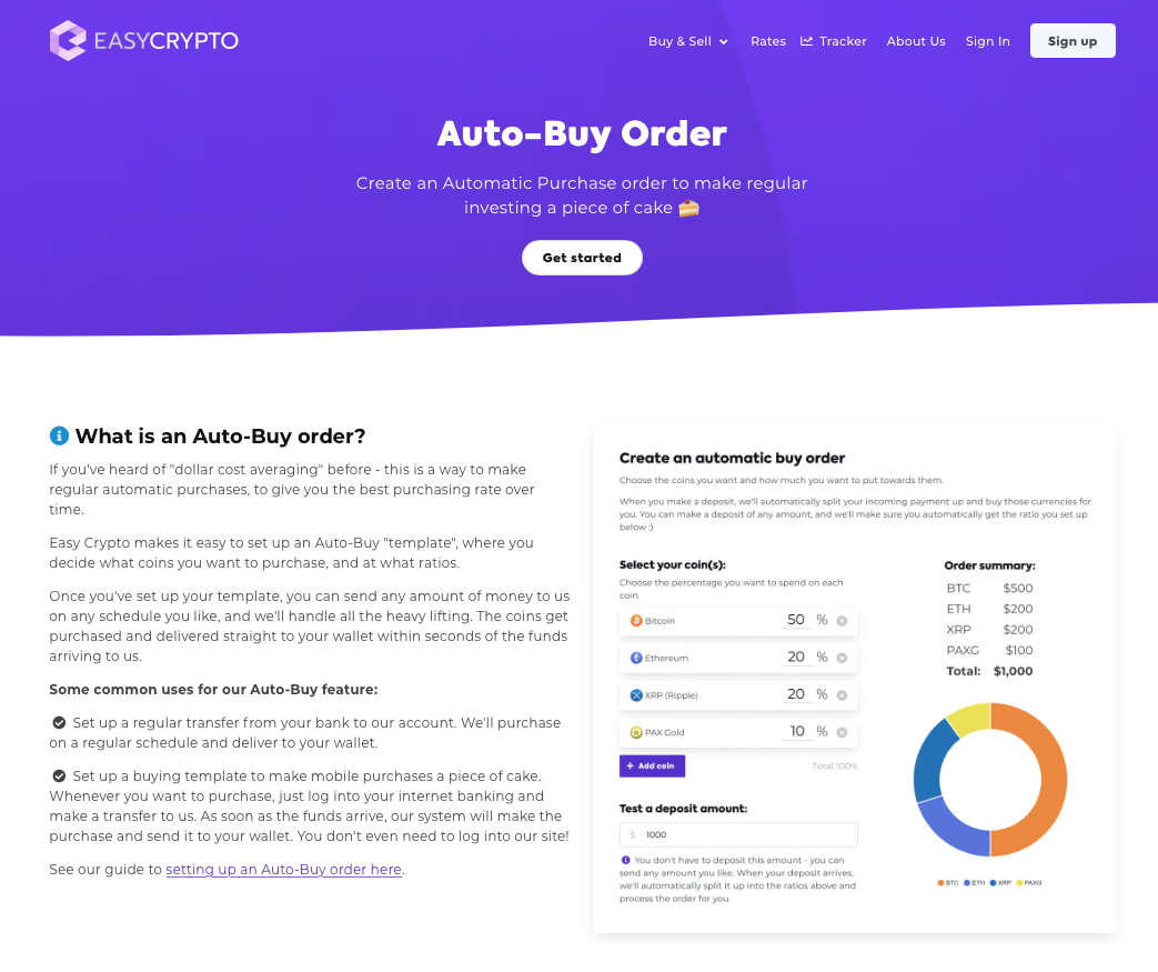 Screenshot of the Auto-buy order features at Easy Crypto