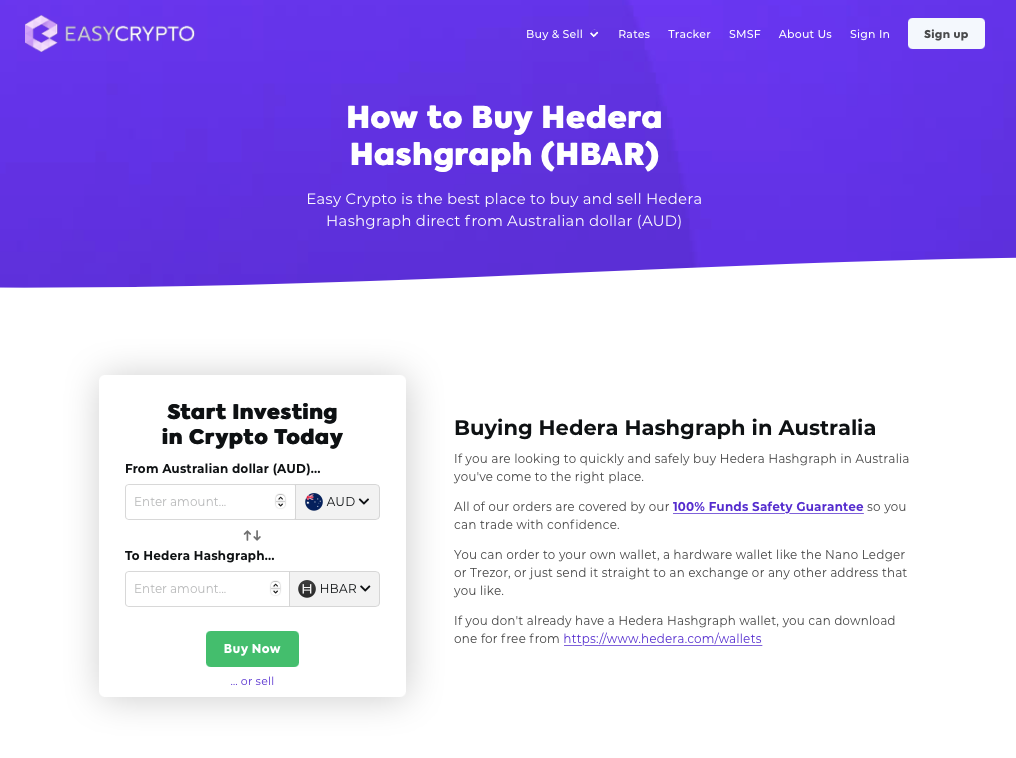 How to buy Hedera Hashgraph (HBAR) at Easy Crypto