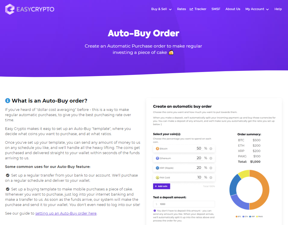 Autobuy Order landing page at Easy Crypto. 