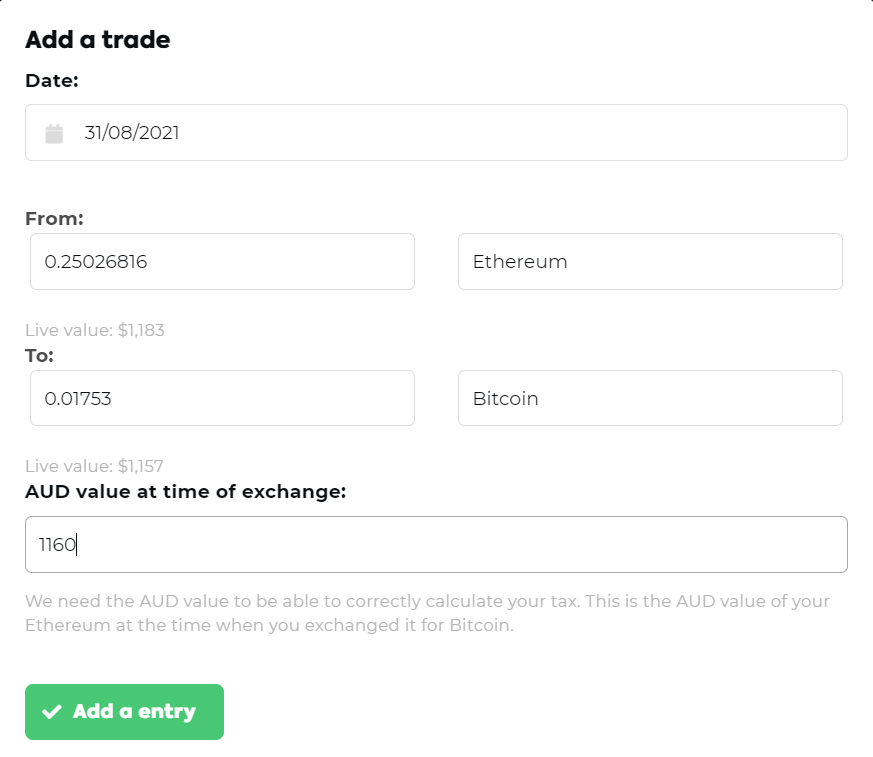 Screenshot of the portfolio page for making a trade entry. 