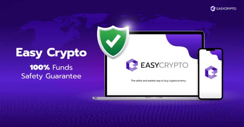 Illustration of a laptop displaying Easy Crypto's website and slogan about guarantee.