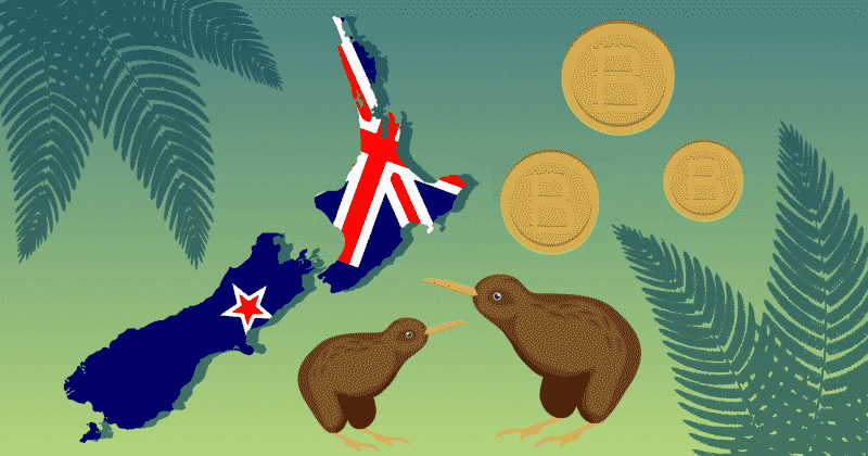 New Zealand glad over NZ with kiwis and Bitcoin logos ferns