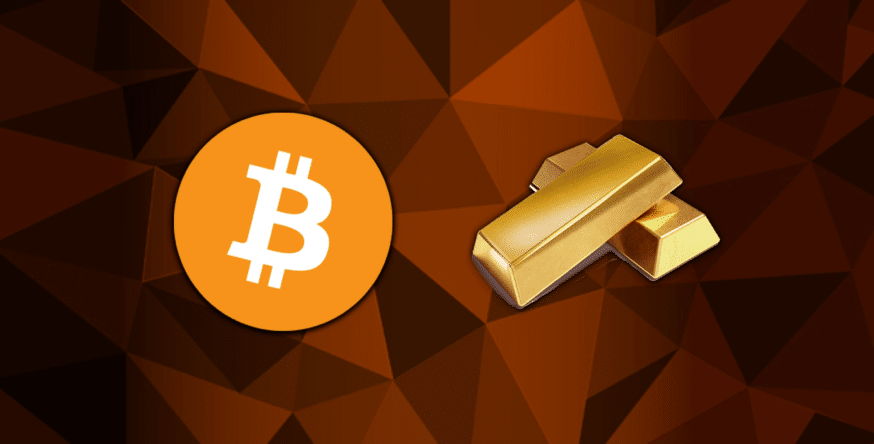 BTC Bitcoin logo next to two gold bars with orange and brown back drop