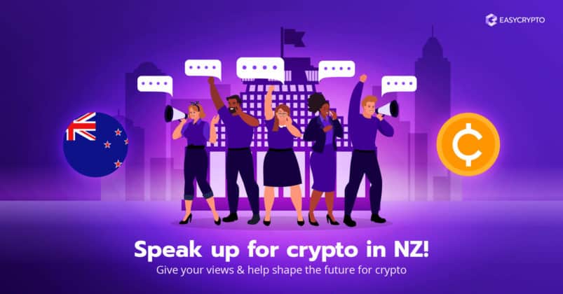 Illustration of people speaking up in front of a government building on a purple background.
