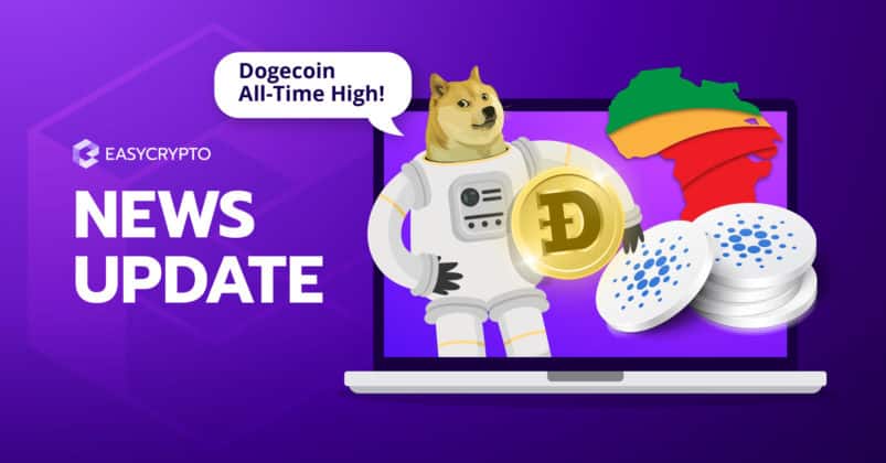 Illustration of Dogecoin holding the DOGE logo to depict the topic of crypto news update.