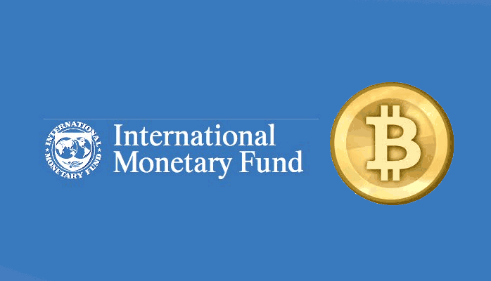Blue background with international monetary fund logo with bitcoin logo