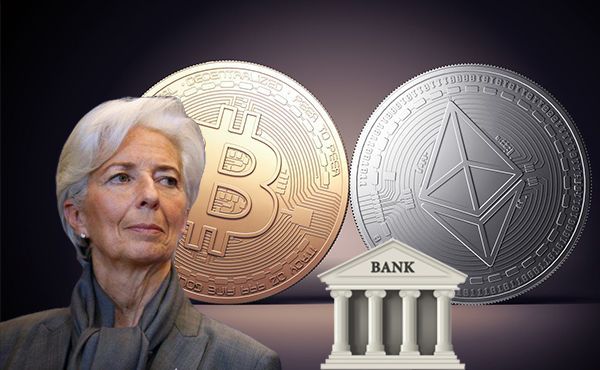 Christine Lagarde with XRP and bank logo next to her