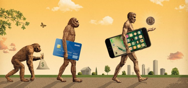 Evolution of money and currency with man holding smart phone and physical Bitcoin BTC