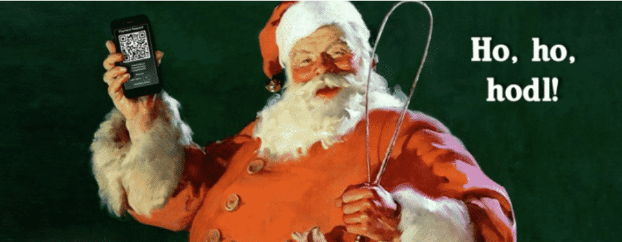 Illustration of Santa Clause holding a phone showcasing wallet address