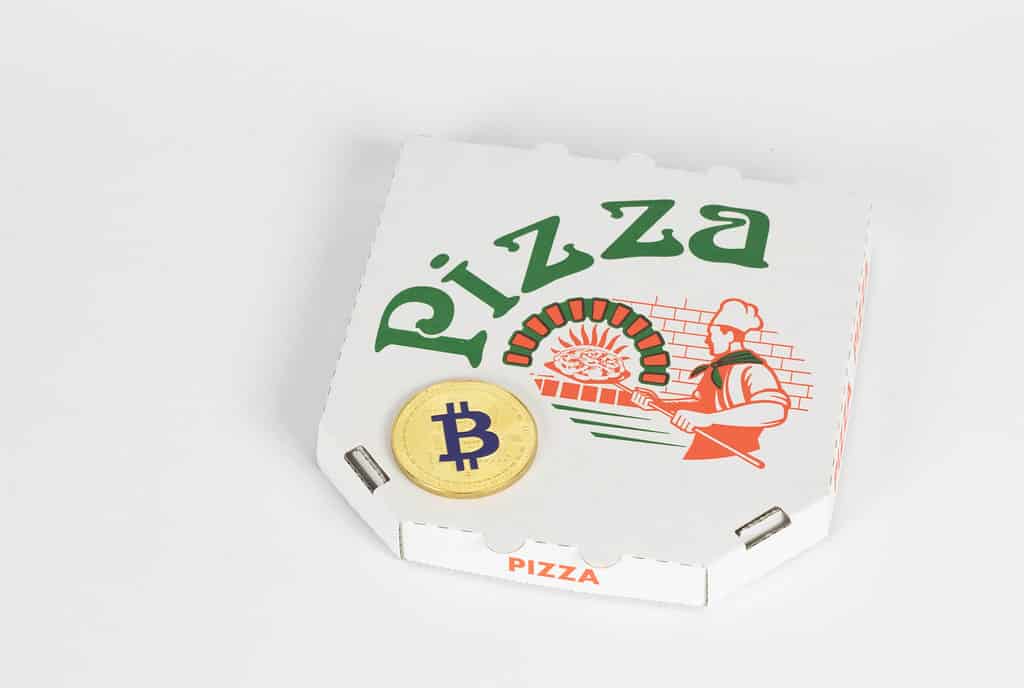 Pizza box with bitcoin logo