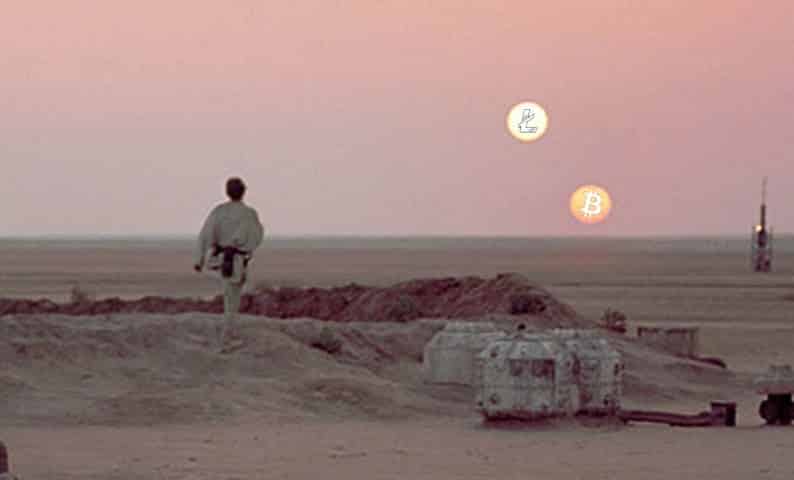 starwars scene with litecoin and bitcoin moons