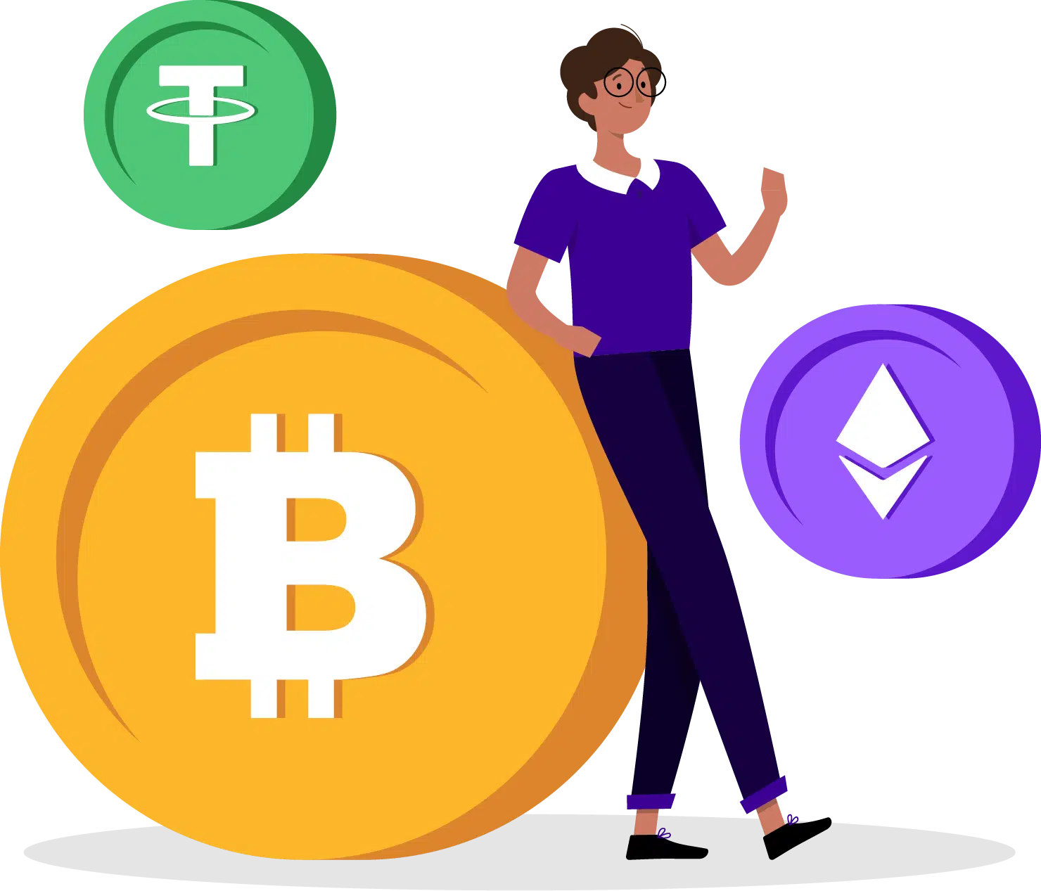 Ilustração de uma mulher próxima do Bitcoin (BTC), Tether (USDT) e Ethereum (ETH)