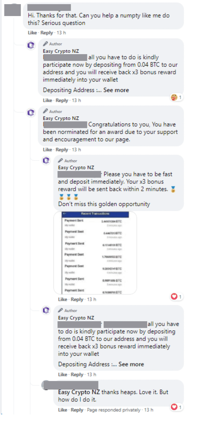 Screenshot of EC NZ Facebook scam comments section.