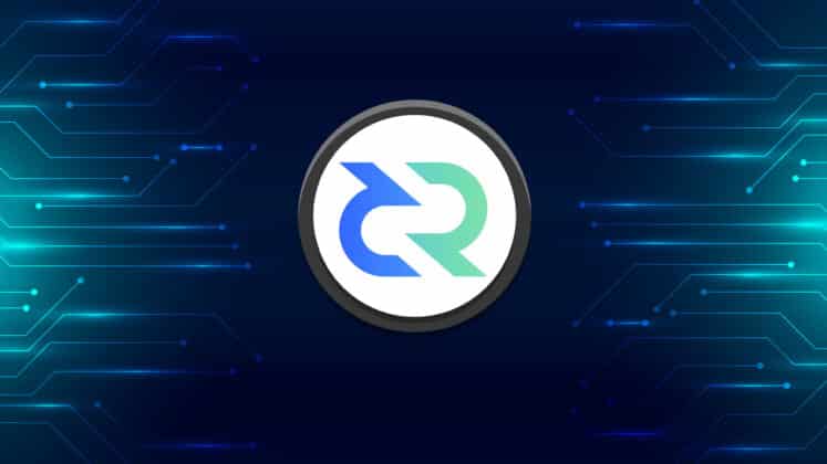 Decred (DCR) logo on blue and green background.