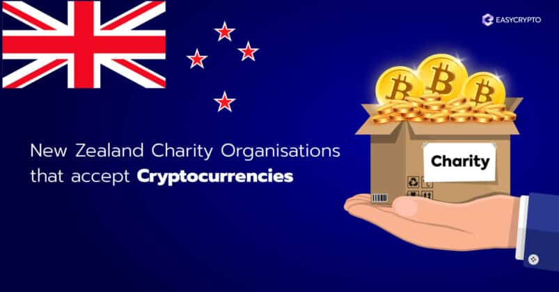Illustration of a box full of bitcoins labeled charity backdropped by the New Zealand flag.