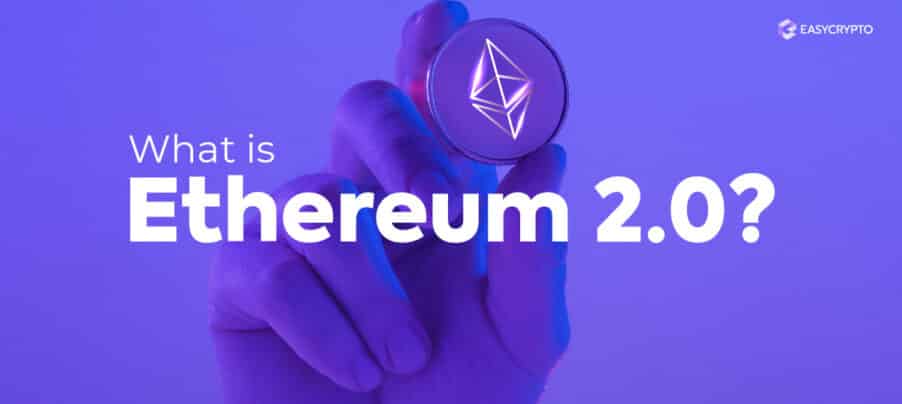 Ethereum coin being held by a hand to illustrate the topic of what is ethereum 2.0