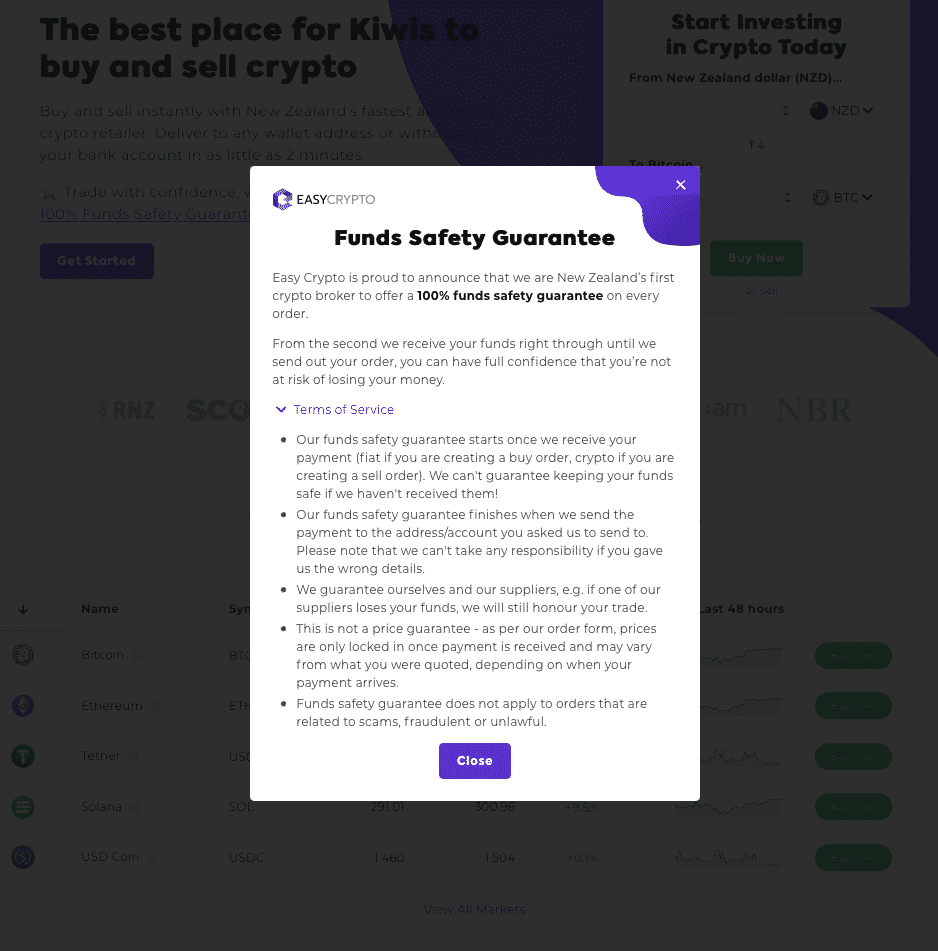Screenshot of the Easy Crypto homepage showcasing the Funds Safety Guarantee.