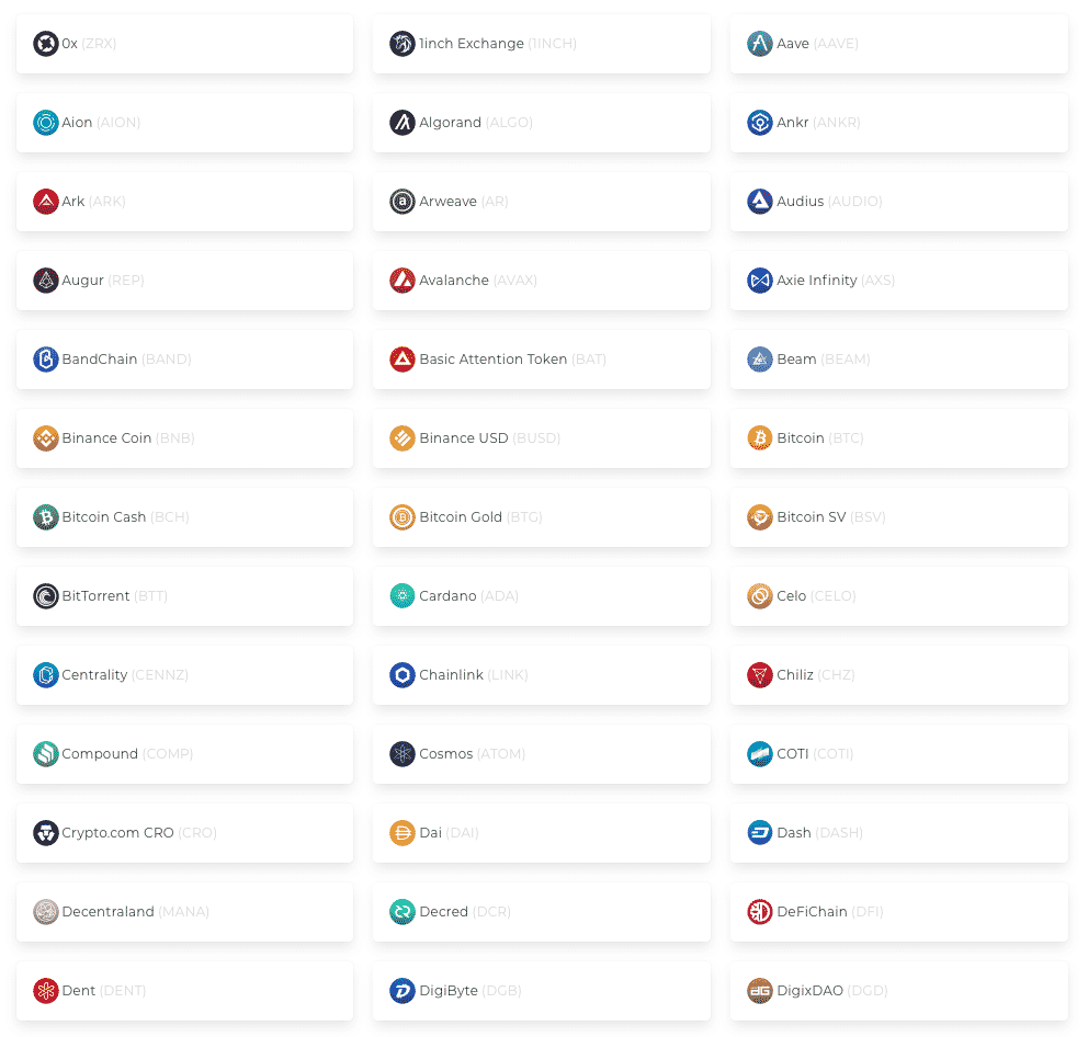 Screenshot of the list of 150+ cryptocurrencies listed at Easy Crypto.