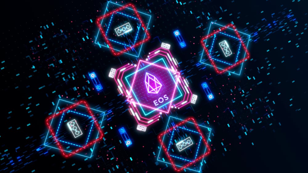 Image of EOS logo surrounded by digital boxes on a black background.