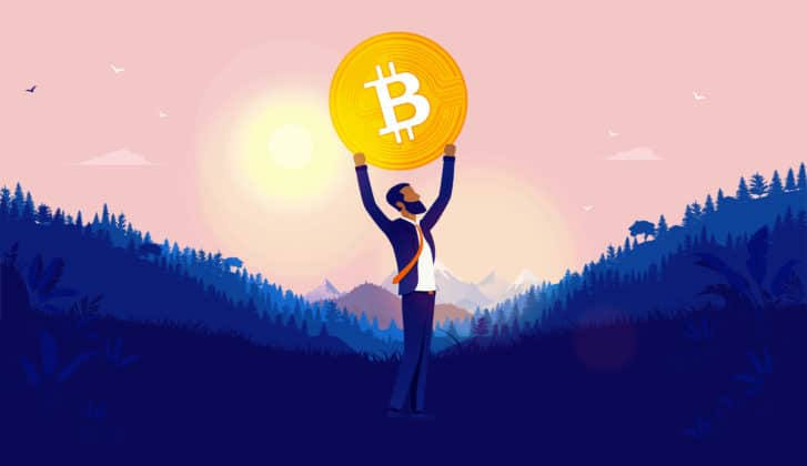 Illustration of a man holding a bitcoin over his head.