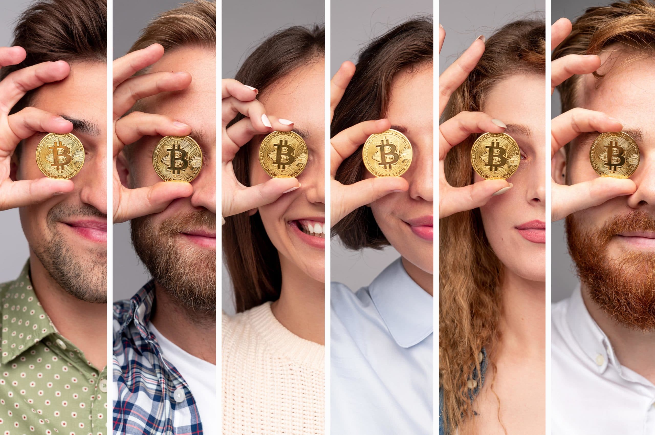 Photo of 6 people holding a physical Bitcoin on their eyes. 