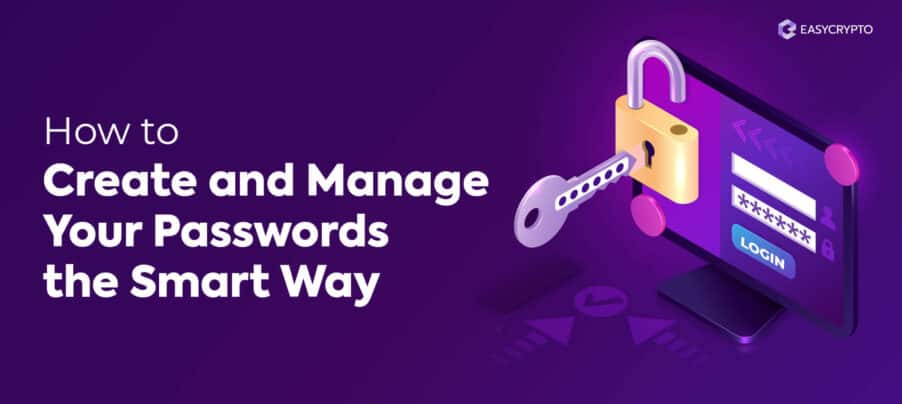 Blog cover illustrating a key and lock on purple background to illustrate the topic of how to create and secure passwords