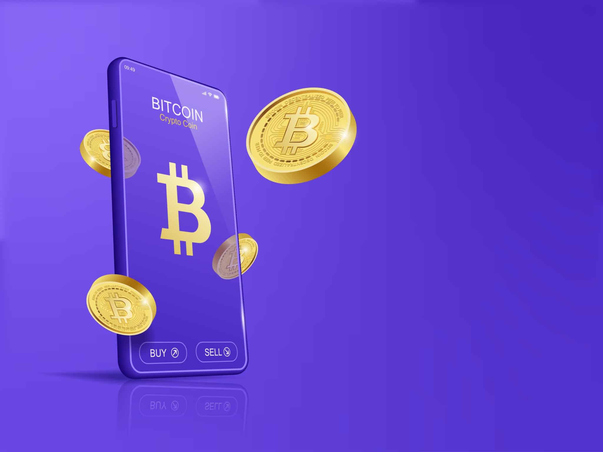 Illustration of a smartphone with the Bitcoin logo on the screen.