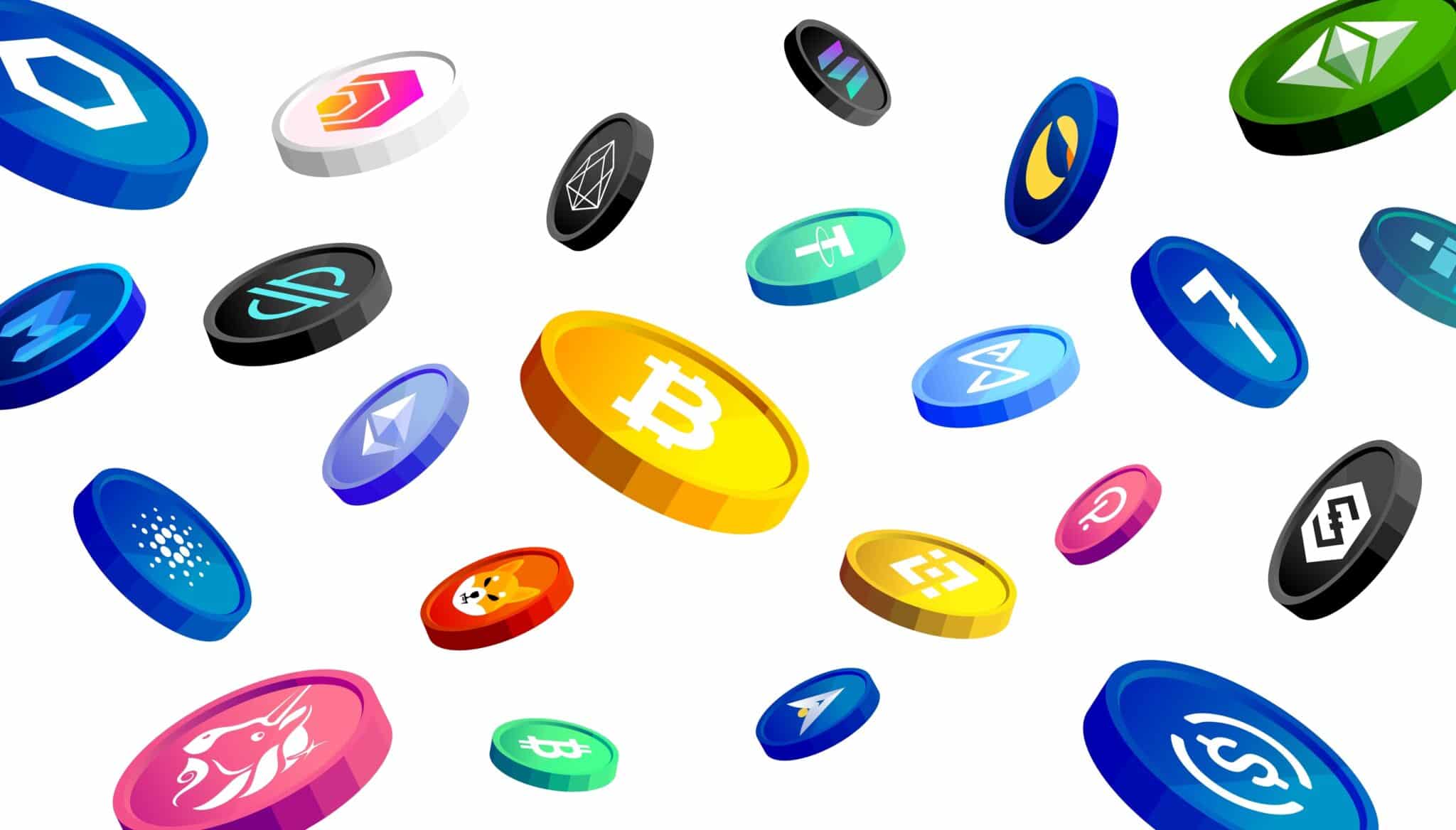 Cryptocurrencies floating in the air with a white background.