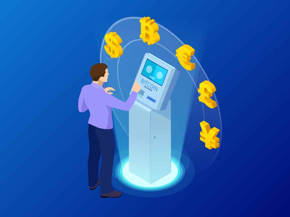 Illustration of a man standing in front of a cryptocurrency ATM.