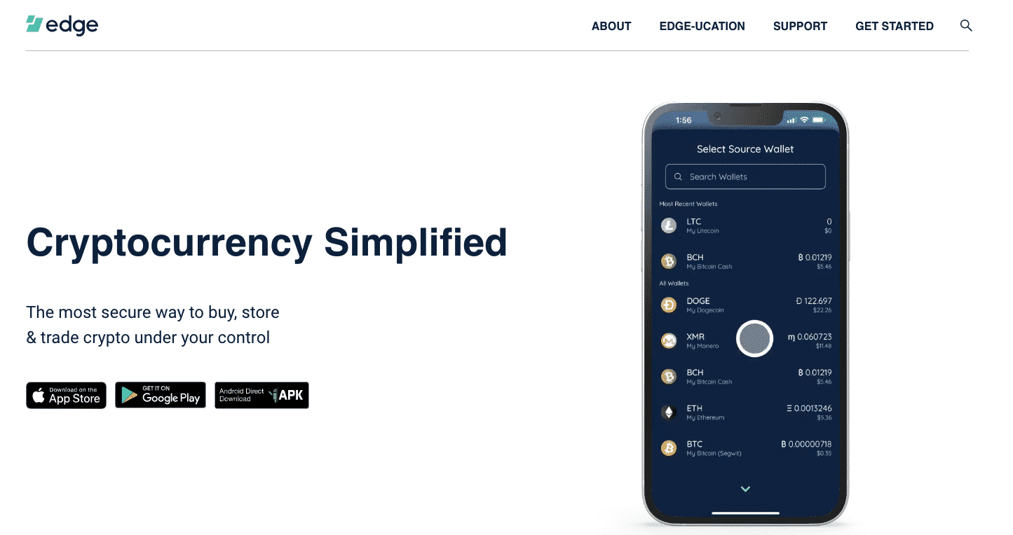 Screenshot of the Edge Crypto Wallet homepage website.