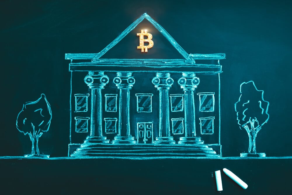 Visual of a government building with a Bitcoin logo on the roof